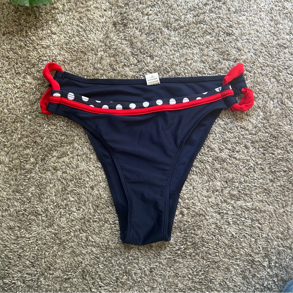 Navy Bikini Bottom with Red Trim and Polka Dot Accent